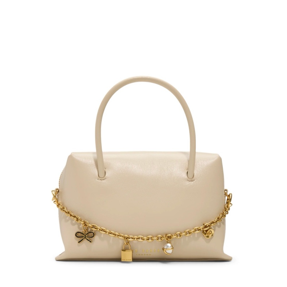 Beige Leather Top-Handle Bag with Gold Charm Chain